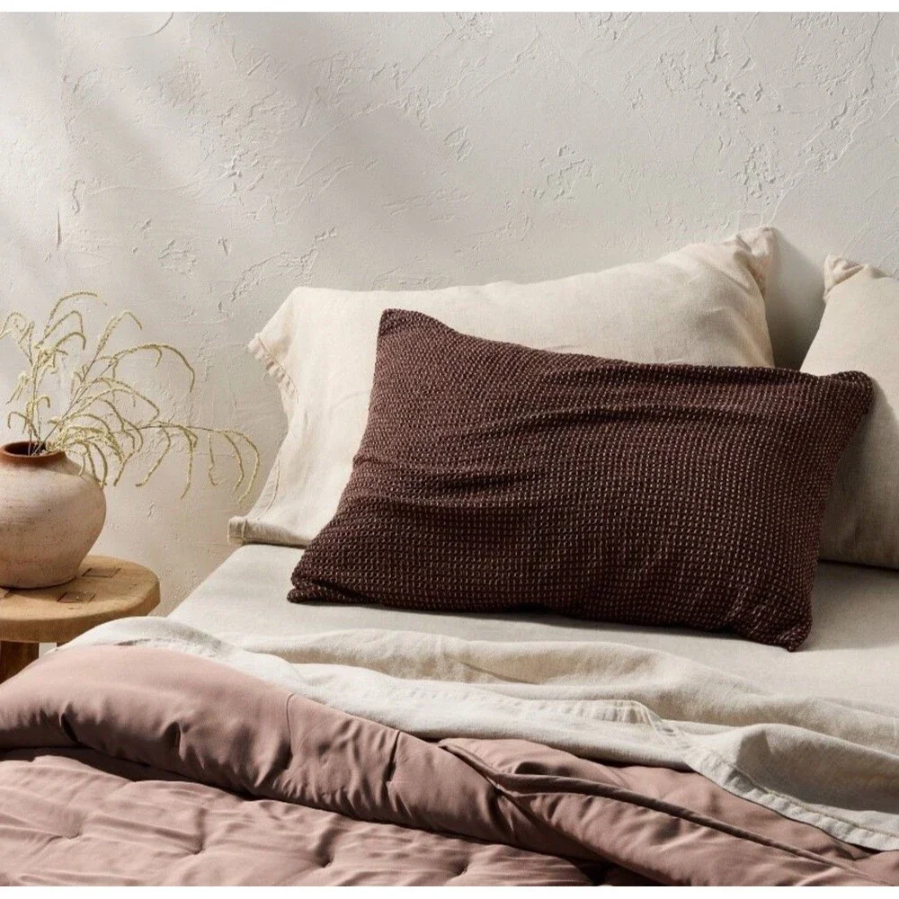 SET Full/Queen Textured Waffle Coverlet & 2 Standard Shams Dark Fig-Casaluna NEW